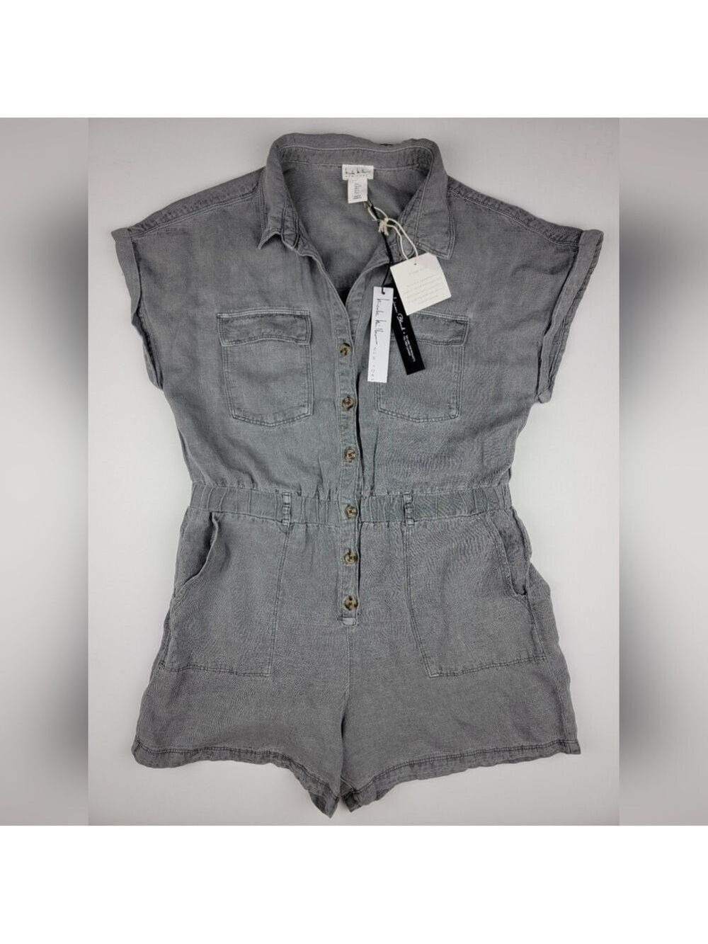 NEW Nicole Miller New York Linen Blend Romper Women's Large Gray Button Front